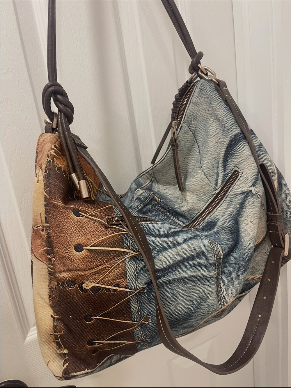 Desigual Blue Denim-Style Hobo with Brown Patchwork Accents - Picture 6 of 8